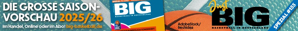 Ein blaues und oranges Banner mit Basketballmotiv und Text in Deutsch.