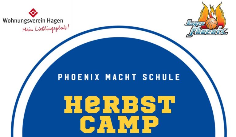 Ein blaues Schild mit gelber Aufschrift "Herbst Camp" und Basketball-Motiven