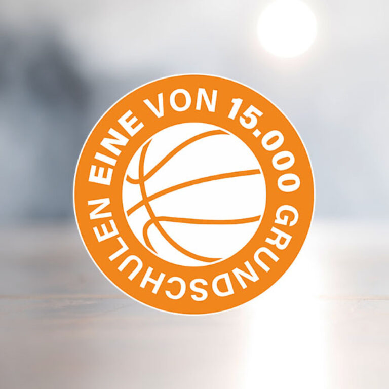 Ein orangefarbenes Logo mit einem Basketball und dem Text "Eine von 15.000 Grundschulen".