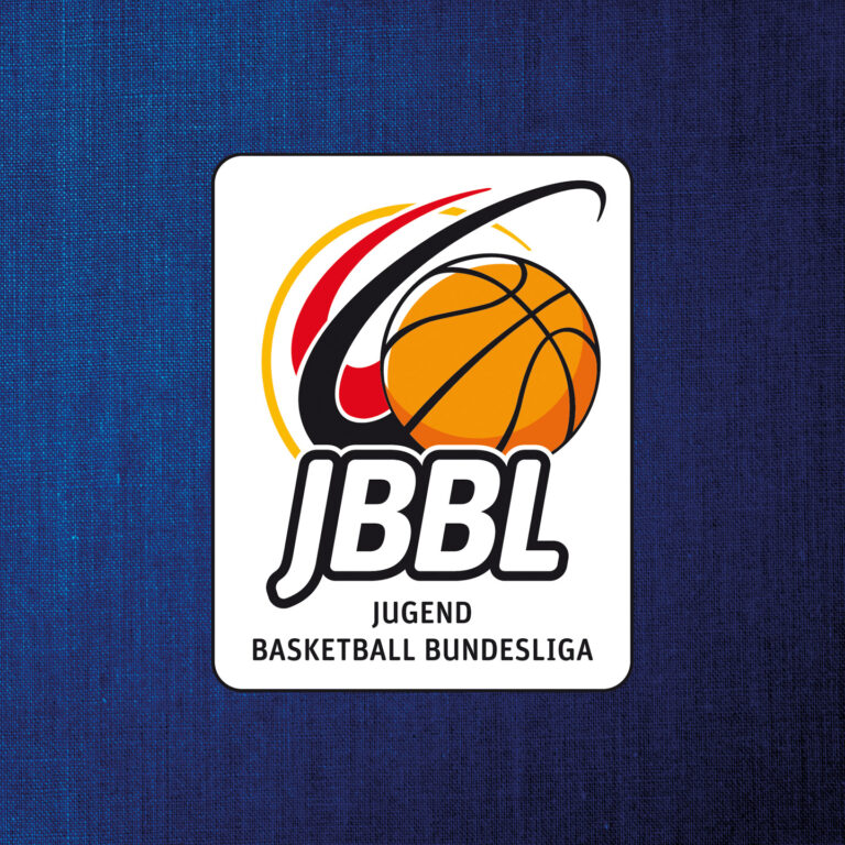 Logo der Jugend Basketball Bundesliga, zeigt einen Basketball und eine stilisierte Flagge, auf blauem Hintergrund, Text JBBL.