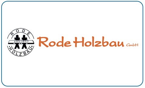 Rode Holzbau GmbH Logo in Orange mit stilisierter Figur und Text seit 1947.