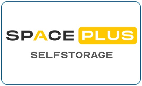 Space Plus Selfstorage-Logo in Schwarz und Gelb auf weißem Hintergrund.