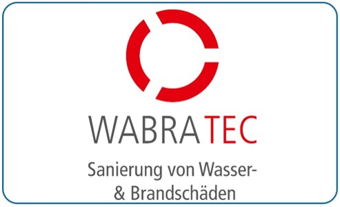 Rotes Logo von Wabratec mit Text zu Wasser- und Brandschadensanierung