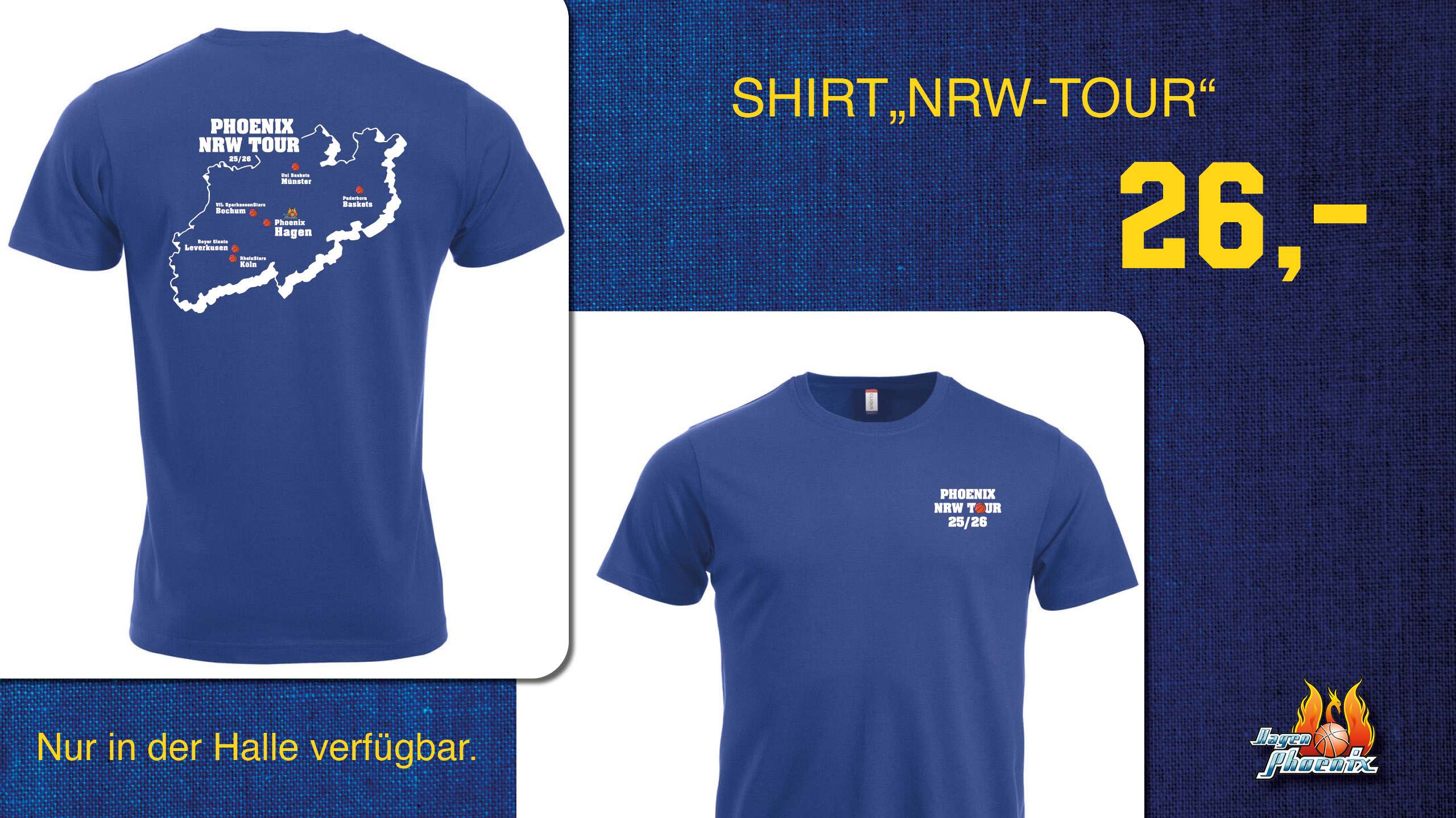 Blaues T-Shirt mit NRW-Karte und Städtenamen sowie gelbem Preistext.