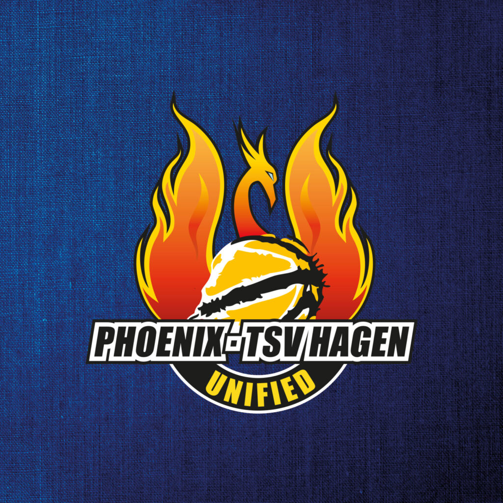 Ein feuervogelähnliches Logo vor blauem Hintergrund mit "Phoenix TSV Hagen Unified" Text.
