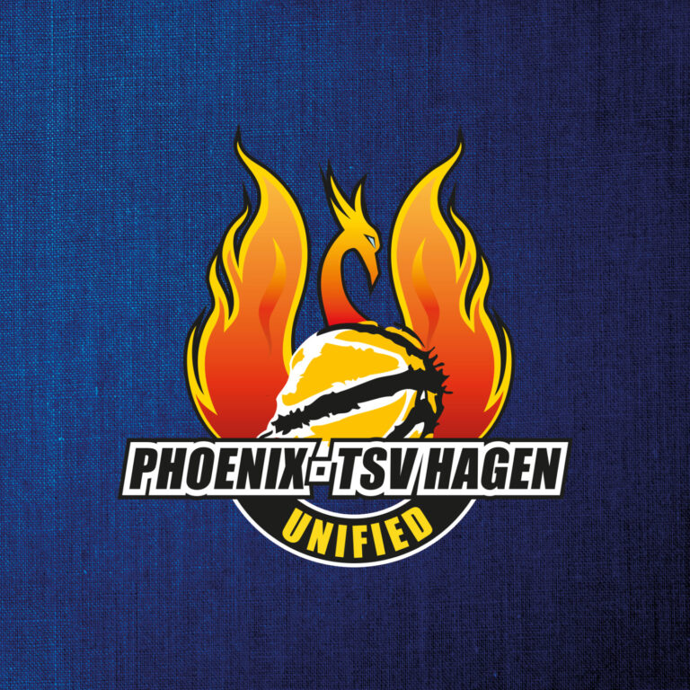 Ein feuervogelähnliches Logo vor blauem Hintergrund mit "Phoenix TSV Hagen Unified" Text.