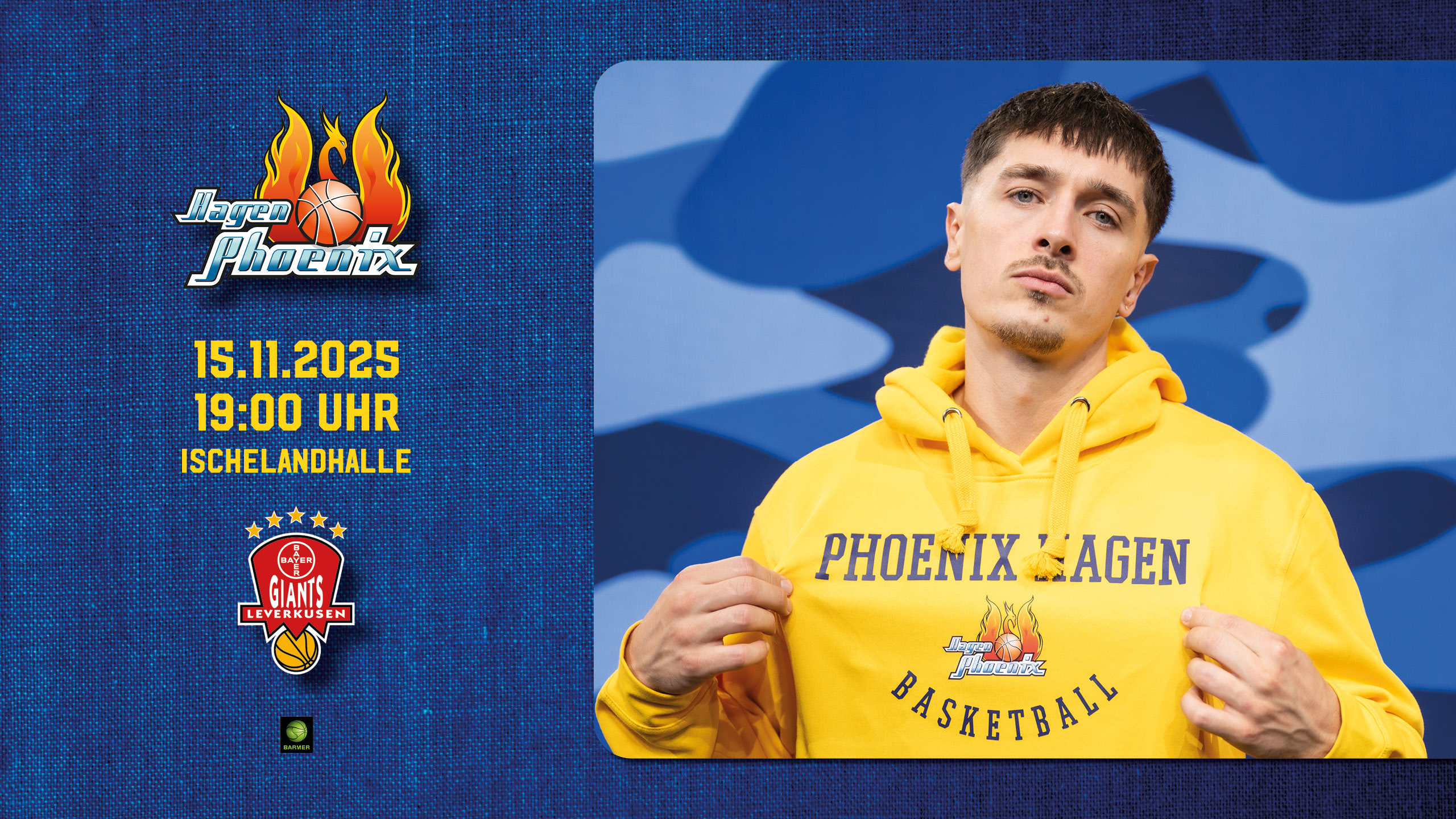 Ein Mann mit ernstem Ausdruck trägt einen gelben Phoenix Hagen Hoodie.