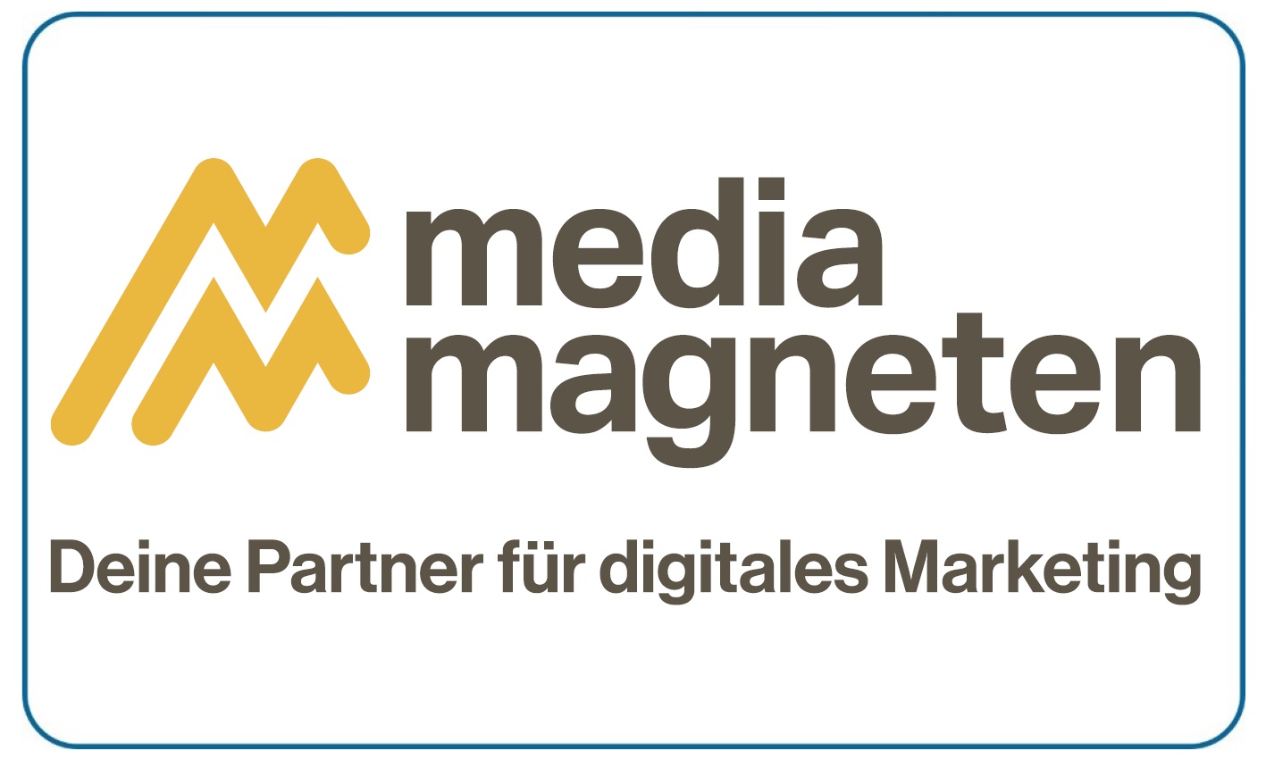 Das Logo von media magneten mit gelber Grafik und brauner Schrift auf weißem Grund