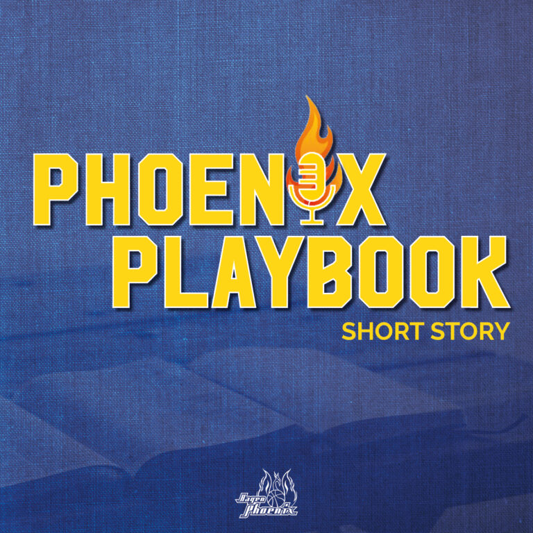 Gelber Schriftzug Phoenix Playbook mit Mikrofon und Flamme auf blauem Hintergrund