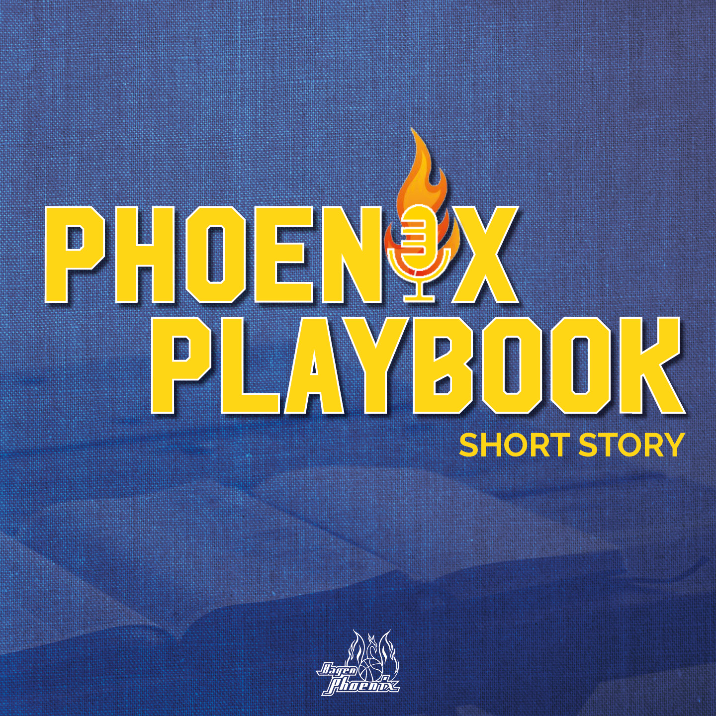 Gelber Schriftzug Phoenix Playbook mit Mikrofon und Flamme auf blauem Hintergrund