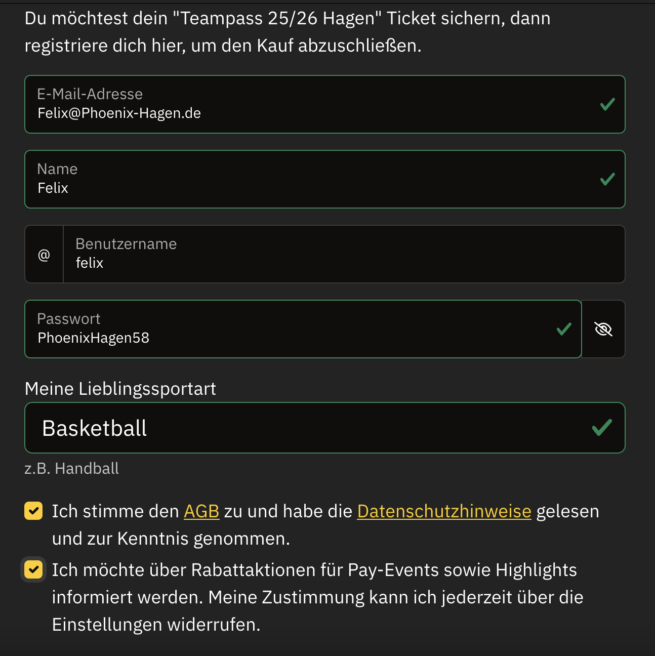 Eine Website zeigt ein Registrierungsformular mit E-Mail-Feld, Passwort und Dropdown-Menü zur Sportartauswahl.