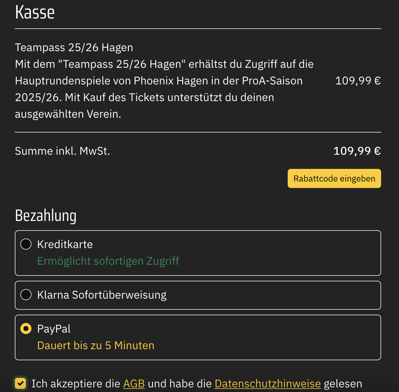 Bildschirm zeigt eine Checkout-Seite mit Preisangaben für Teampass 25/26 Hagen.