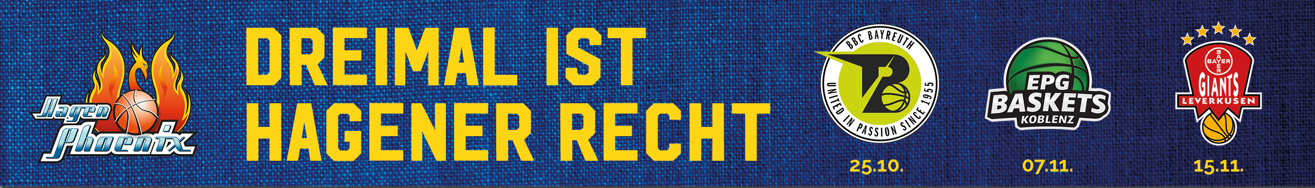 Banner mit Basketballlogos, gelbem Text auf blauem Hintergrund und drei Spielterminen