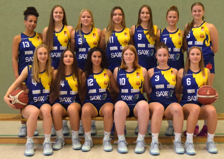 Eine Basketballmannschaft junger Frauen in gelben und blauen Trikots posiert freundlich