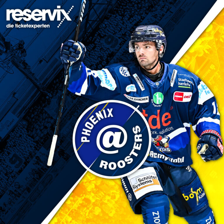 Ein Eishockeyspieler in blauer Ausrüstung schaut entschlossen und hebt den Arm