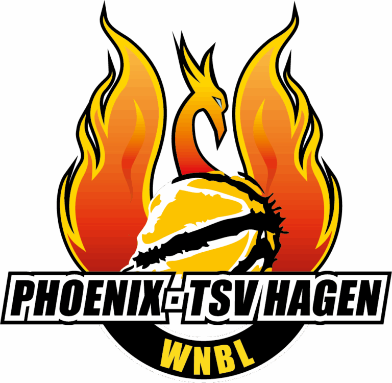 Ein stilisierter roter und gelber Phönix mit brennenden Flügeln umschließt einen Basketball