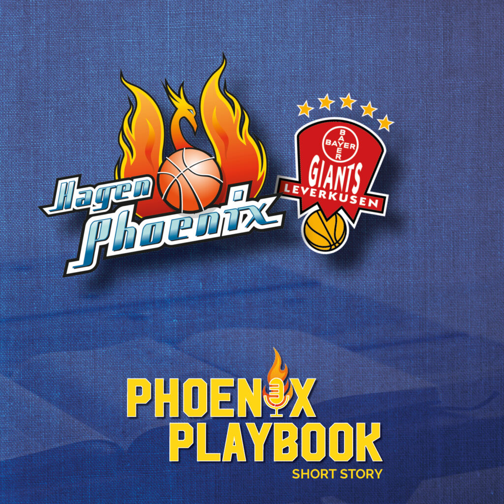 Logos von Hagen Phoenix und Bayer Giants Leverkusen auf blauem strukturierten Hintergrund