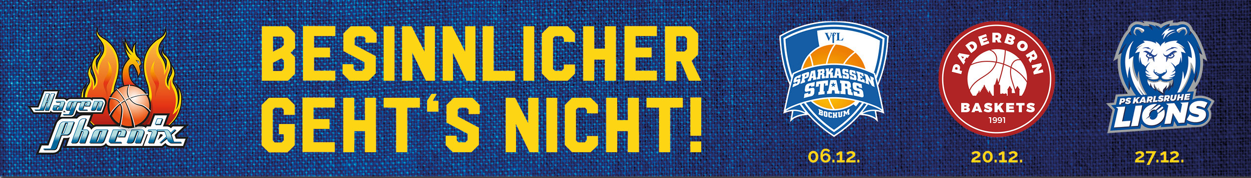 Banner mit Logos und Spielterminen dreier Basketballteams auf dunklem Hintergrund