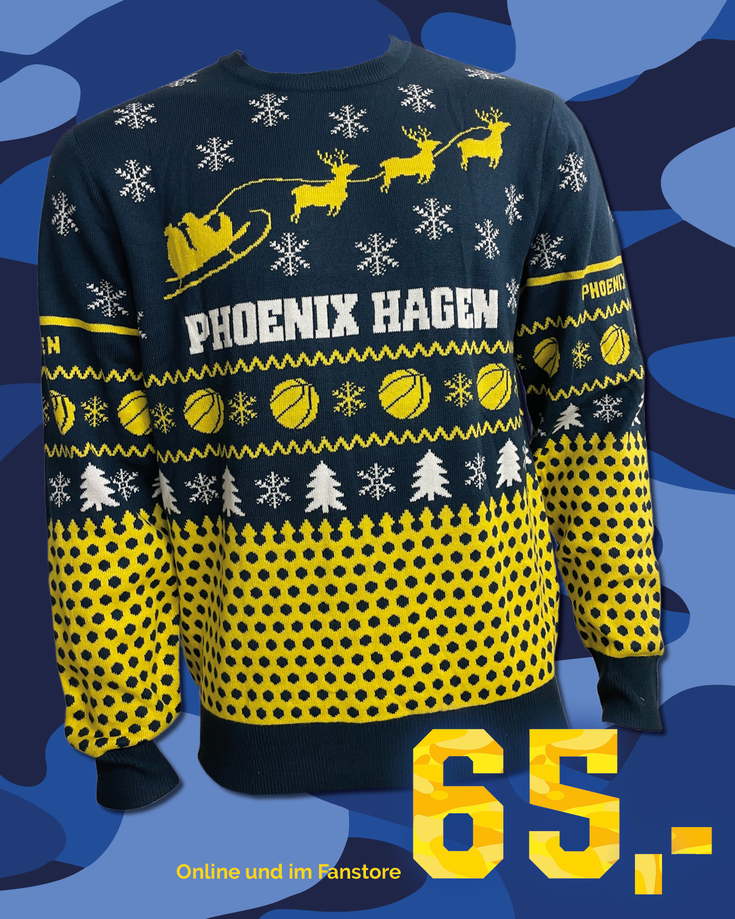 Dunkelblauer und gelber Phoenix Hagen Weihnachtspullover mit Rentieren und Basketballmotiven