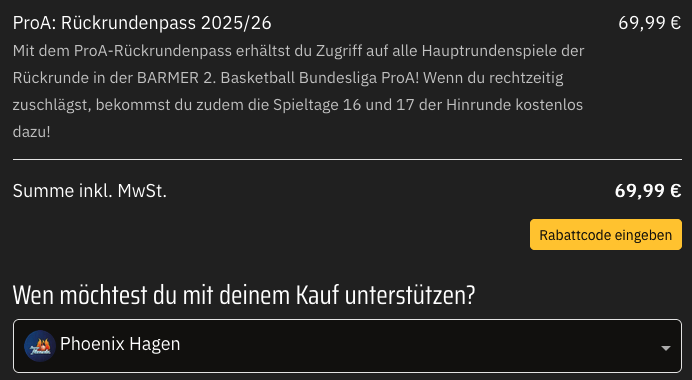 Schwarzer Hintergrund mit gelber Schrift, Auswahlfeld für Unterstützer und Rabattcodefeld