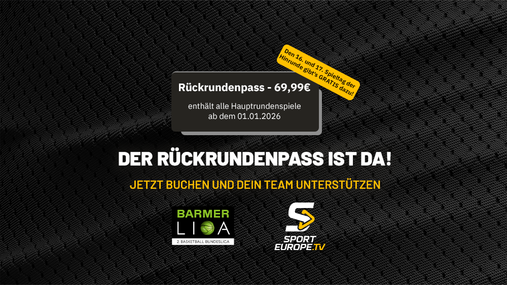 Schwarzer Hintergrund mit gelbem Text zum Rückrundenpass und Logos von Sport Europe TV sowie Barmer Liga