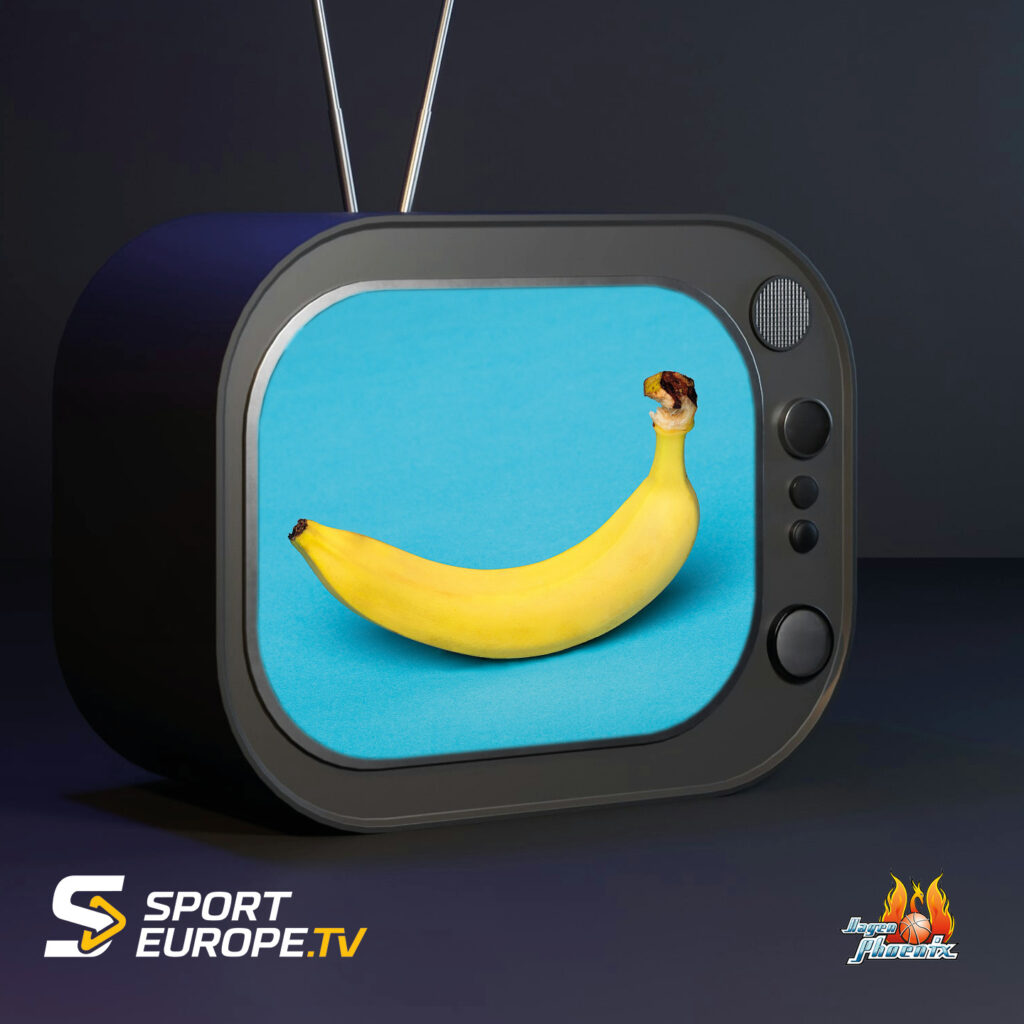 Eine gelbe Banane auf blauem Hintergrund wird auf einem schwarzen Retro Fernseher gezeigt