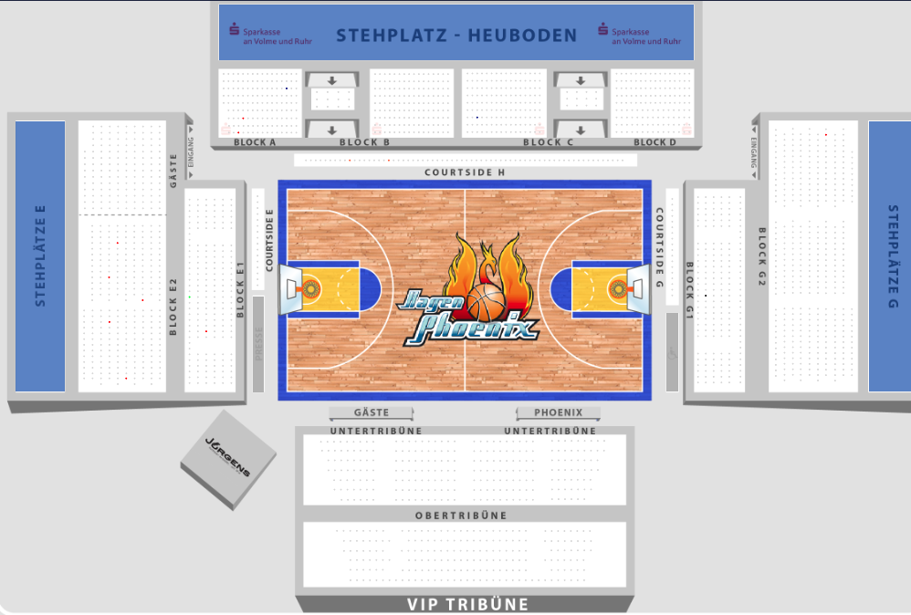 Übersichtlicher Hallenplan mit Basketballfeld in Holzoptik und Jenaer Phoenix Logo in der Mitte