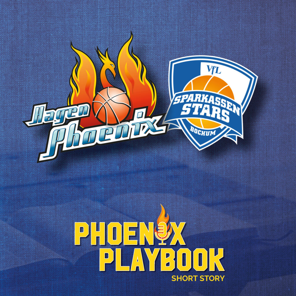 Zwei farbenfrohe Basketball-Logos mit Flammen und Ball auf blauem Hintergrund