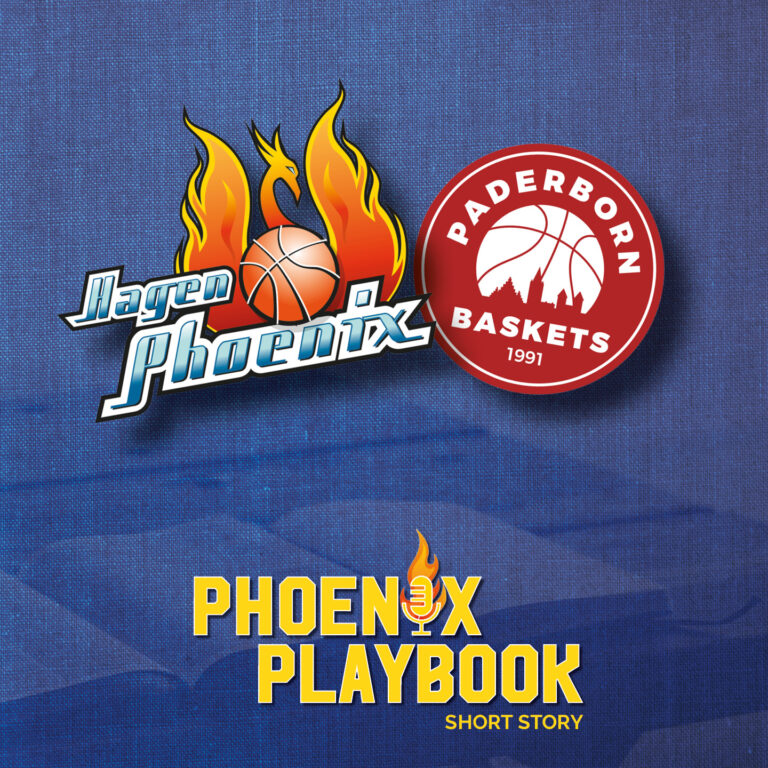 Zwei Basketball Logos vor blauem Hintergrund mit gelber Phoenix Playbook Schrift und Flammen