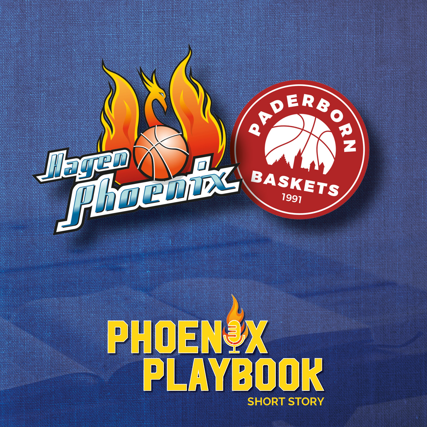 Zwei Basketball Logos vor blauem Hintergrund mit gelber Phoenix Playbook Schrift und Flammen
