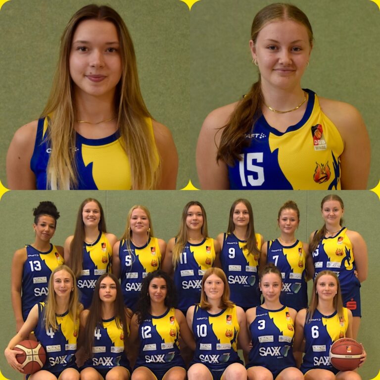 Zwei junge Basketballspielerinnen im gelb-blauen Trikot, darunter das gesamte Team posierend