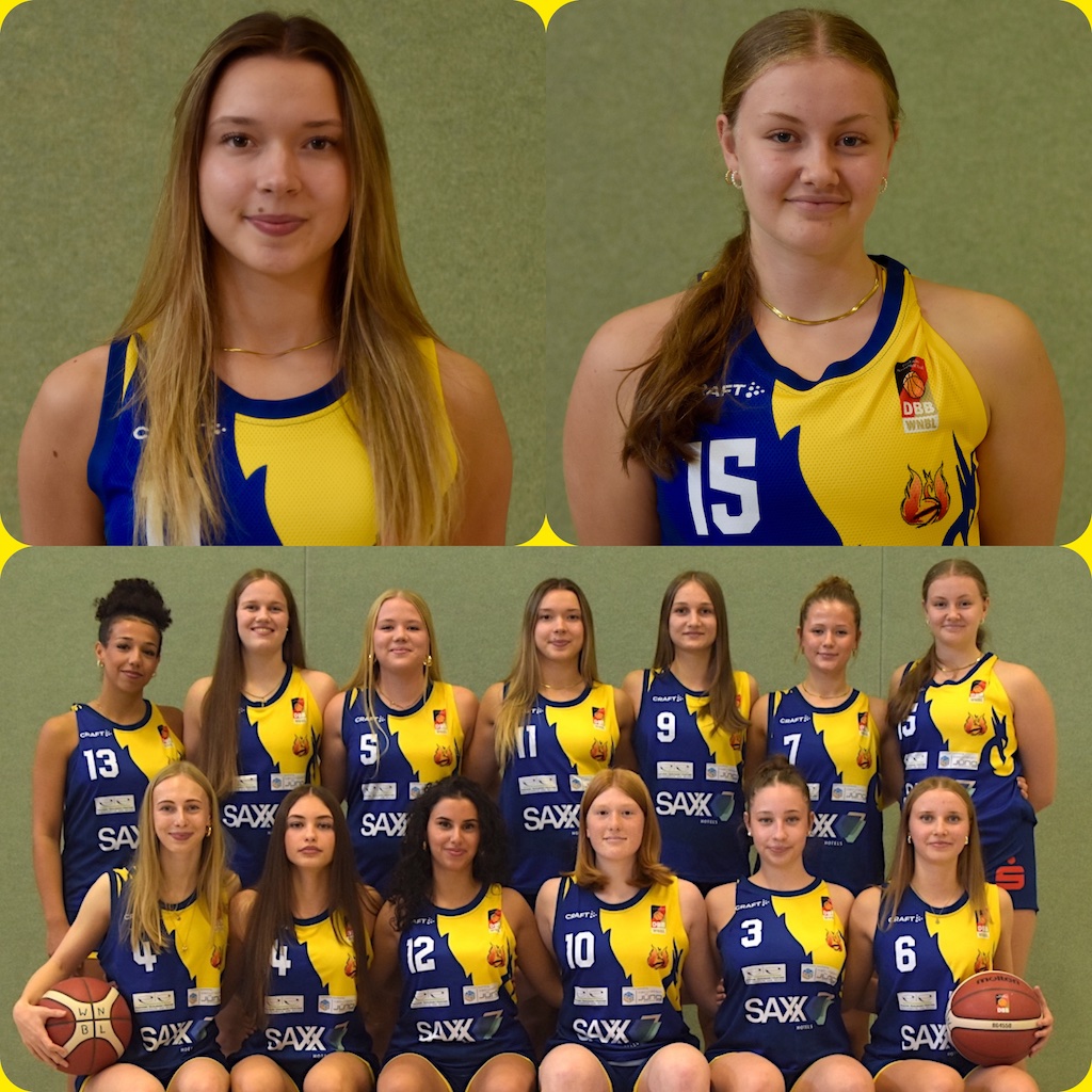 Zwei junge Basketballspielerinnen im gelb-blauen Trikot, darunter das gesamte Team posierend