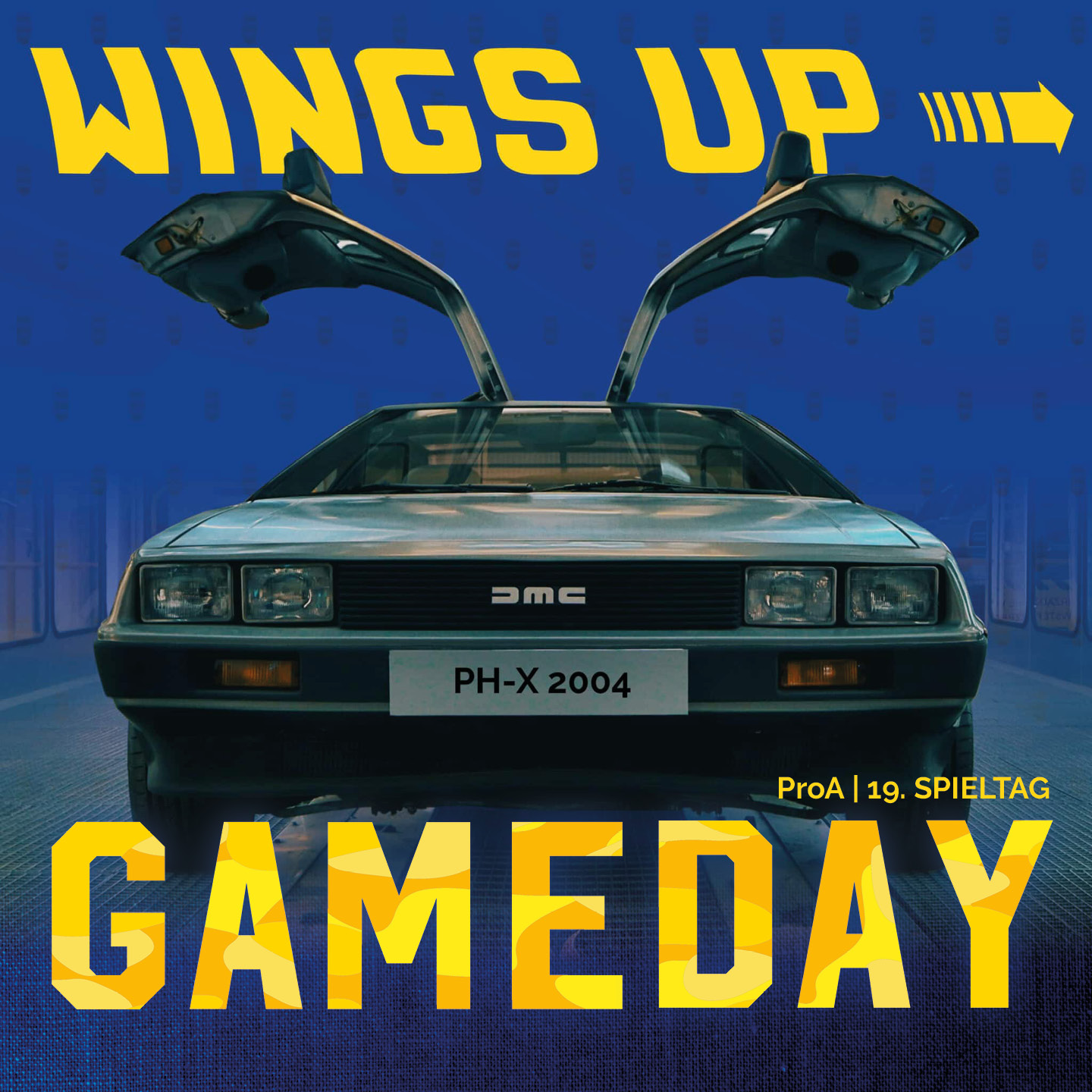 Ein silberner DeLorean mit Flügeltüren vor blauem Hintergrund wirkt futuristisch