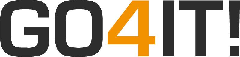 Schriftzug GO4IT mit auffälliger oranger Vier auf weißem Hintergrund