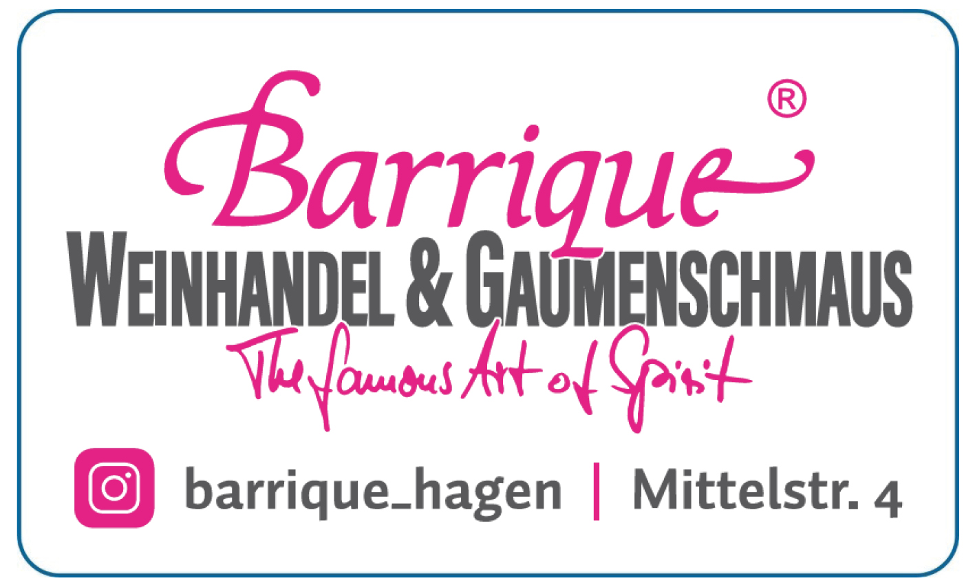 Logo des Weinhandels Barrique in pink und grau mit stilvoller Schrift und Instagram-Link