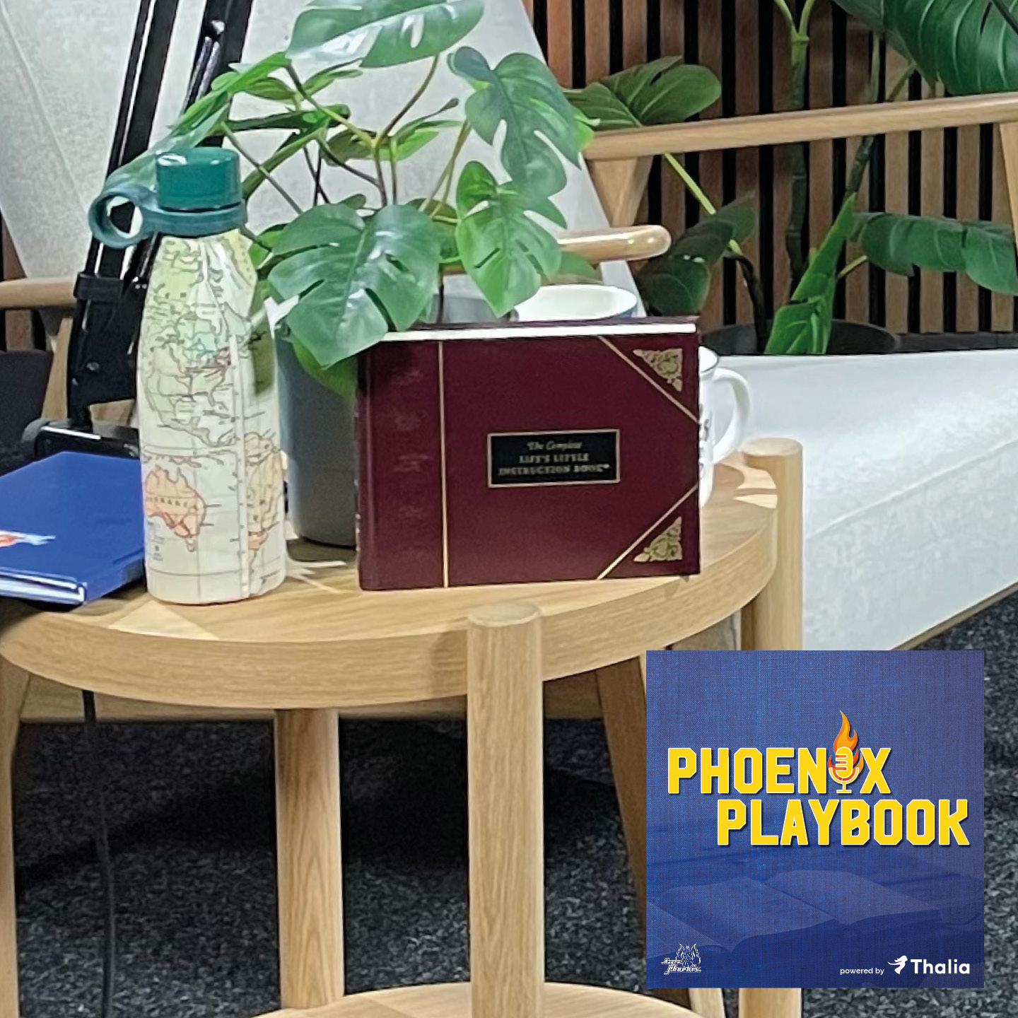 Ein Holztisch mit einer Landkartenflasche, einem Buch und einer grünen Pflanze