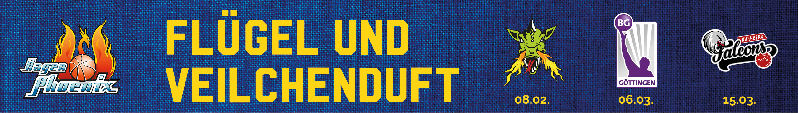 Buntes Banner mit Basketballlogos, cartoonartigem Drachen und lila Veilchenmotiv