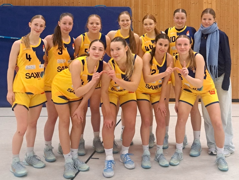 Eine Damen Basketballmannschaft in gelben Trikots lächelt freundlich in die Kamera