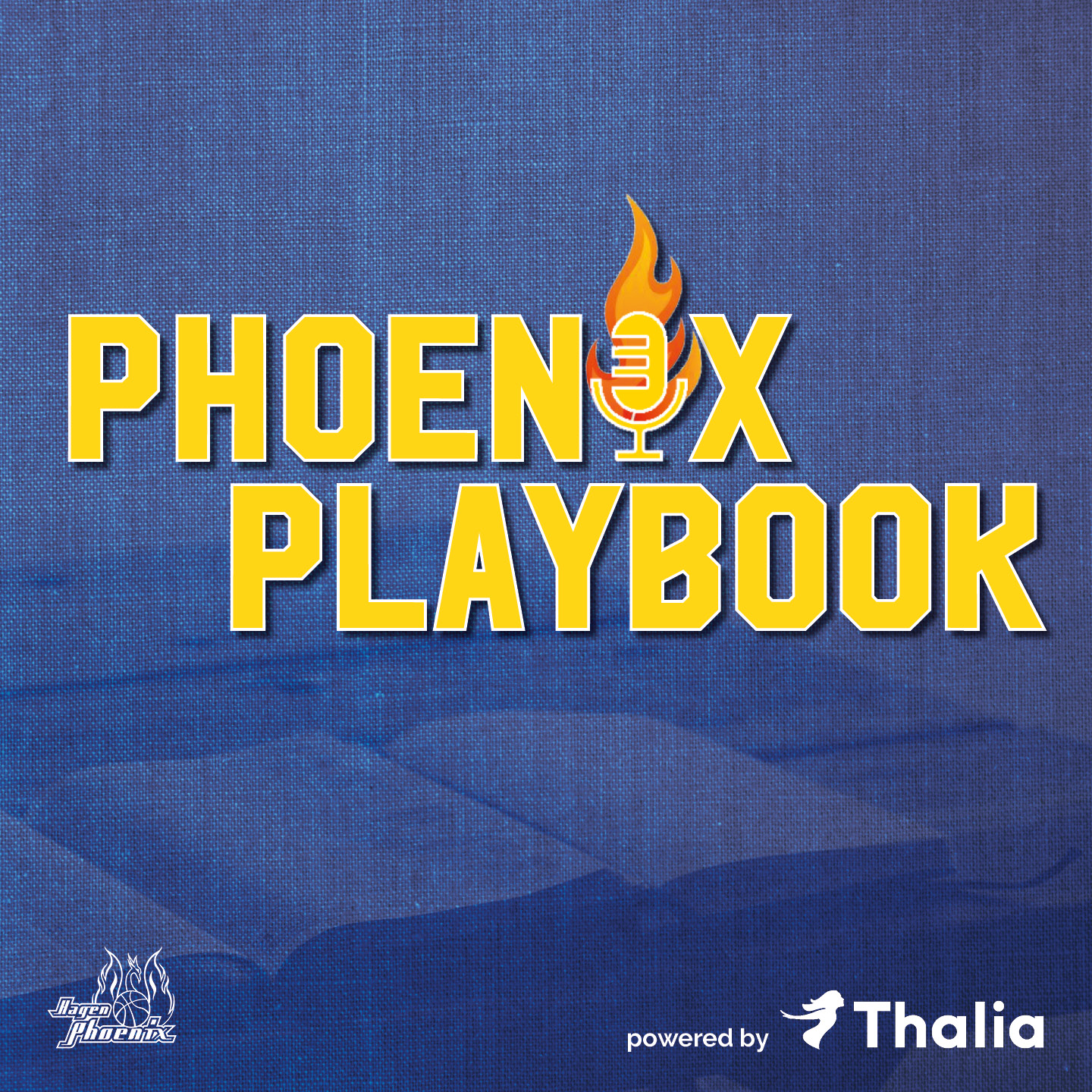 Grafik mit gelbem Text Phoenix Playbook und Mikrofon in Flammen auf blauem Grund