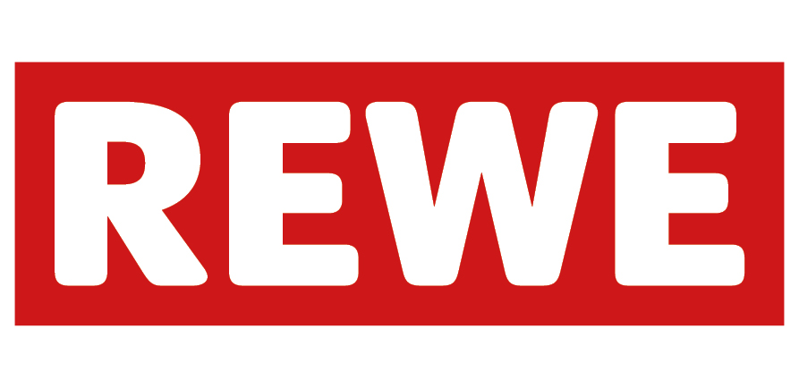 Das rote Rechteck mit weißer REWE Aufschrift wirkt klar und auffällig
