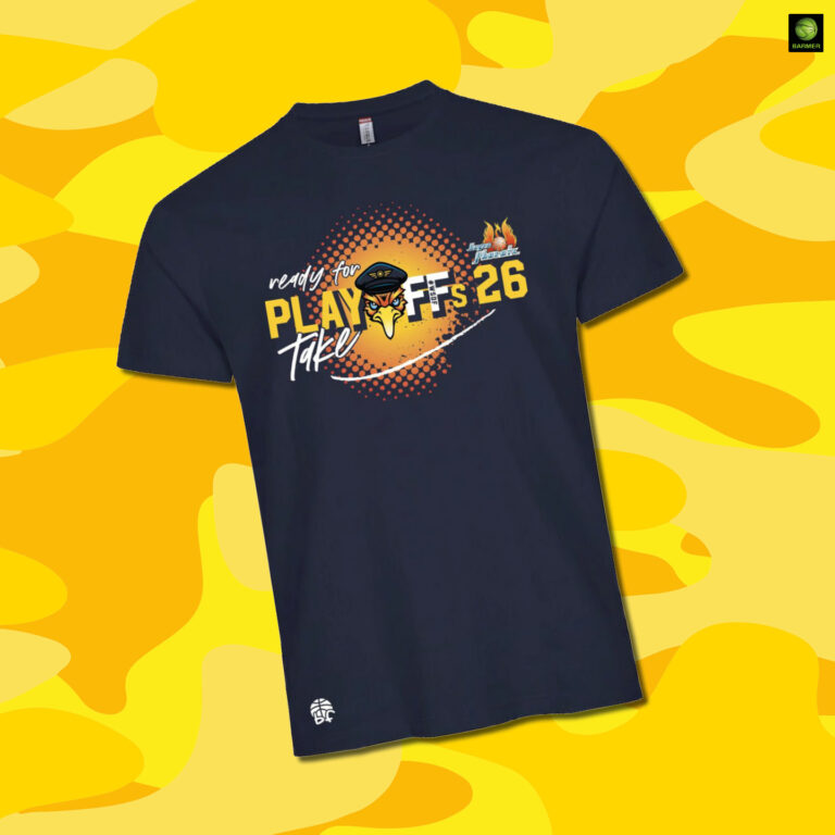 Dunkelblaues TShirt mit gelbem PlayoffMotiv und maskottchenähnlichem Logo