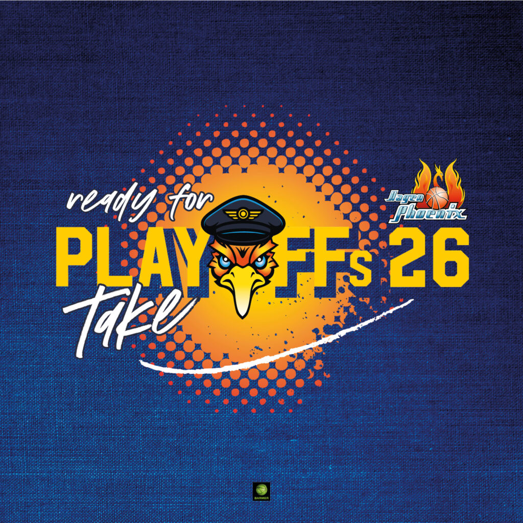 Ein gelber Phönix mit Pilotenmütze wirkt entschlossen vor orangem Spritzmuster