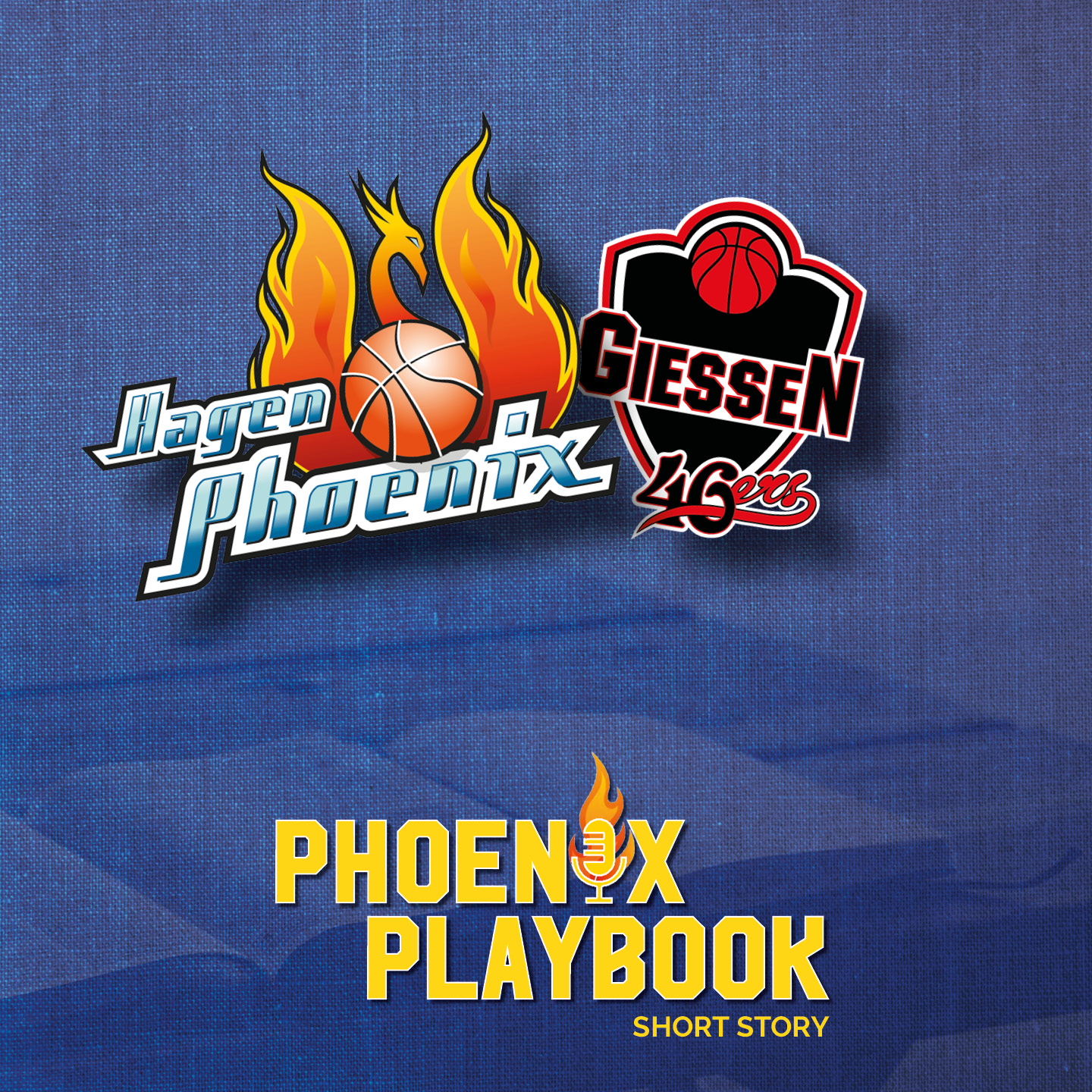 Zwei Basketball Logos mit Feuer und orangefarbenem Basketball auf blauem Stoffhintergrund