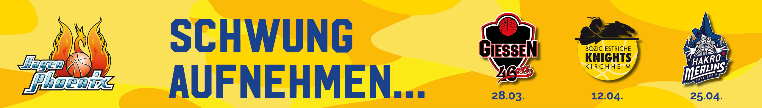 Ein gelbes Banner mit Logos von Basketballteams und dem Schriftzug Schwung aufnehmen