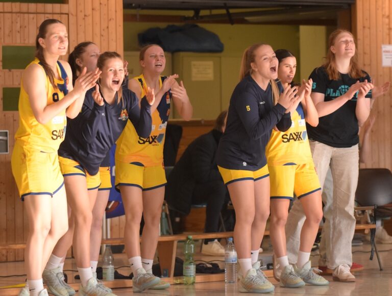 Sechs junge Frauen in gelben Sportoutfits jubeln fröhlich am Spielfeldrand