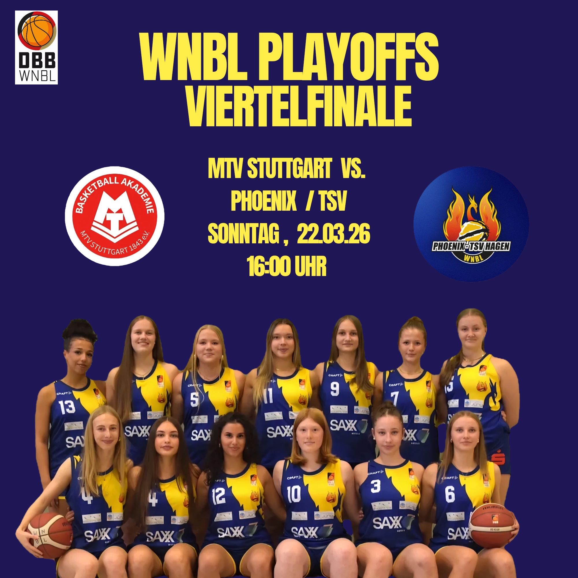 Das Mädchen Basketballteam in gelb-blauen Trikots blickt freundlich in die Kamera