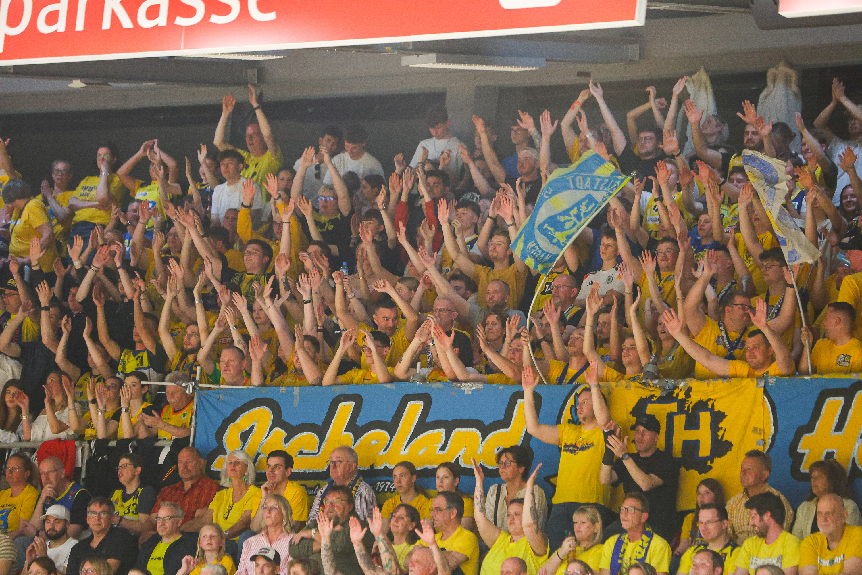 Viele jubelnde Fans in gelben Shirts heben die Arme in die Höhe und wirken begeistert