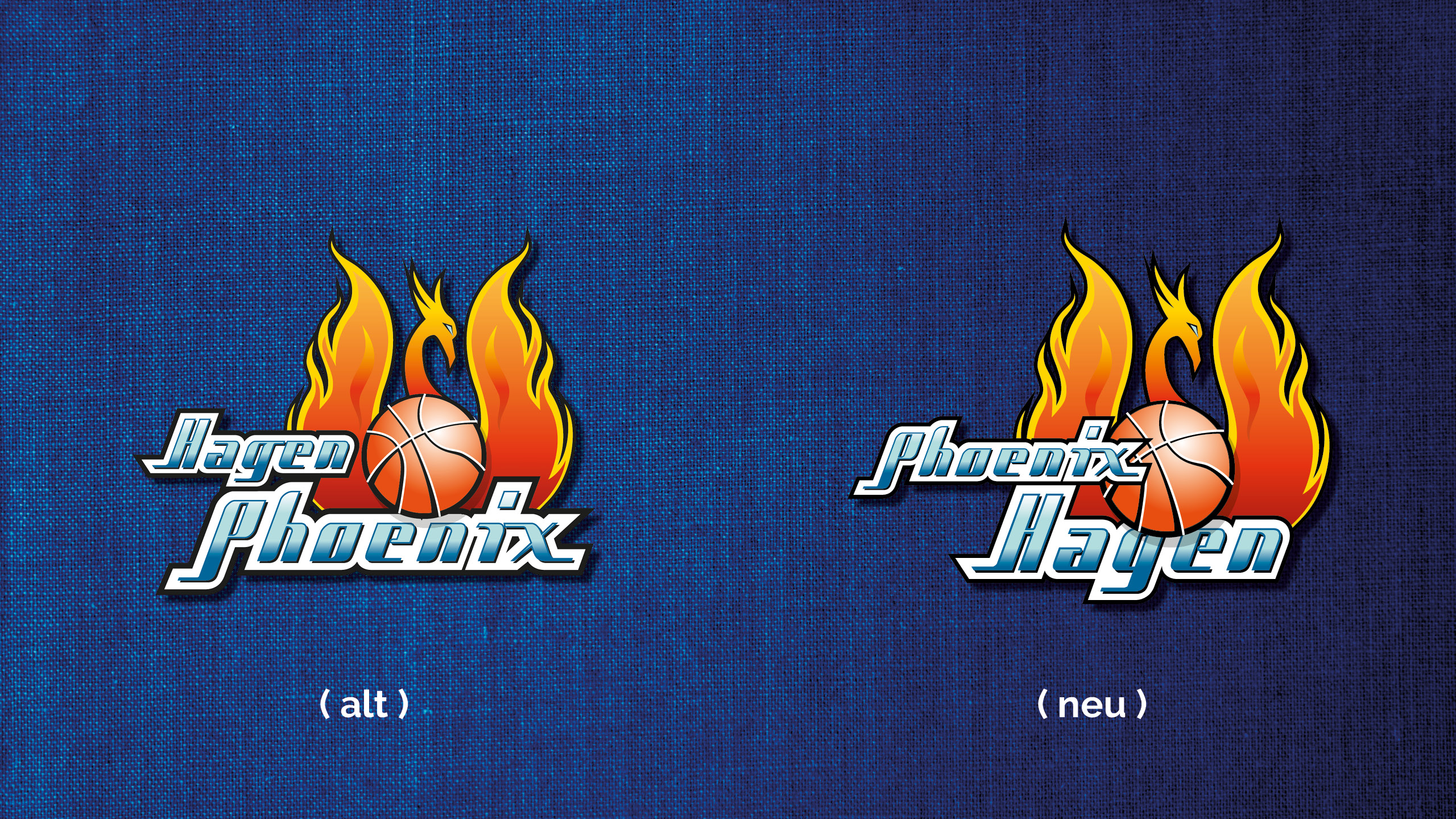 Zwei Logos mit einem Basketball, einem Phönix und orangegelben Flammen auf blauem Stoff