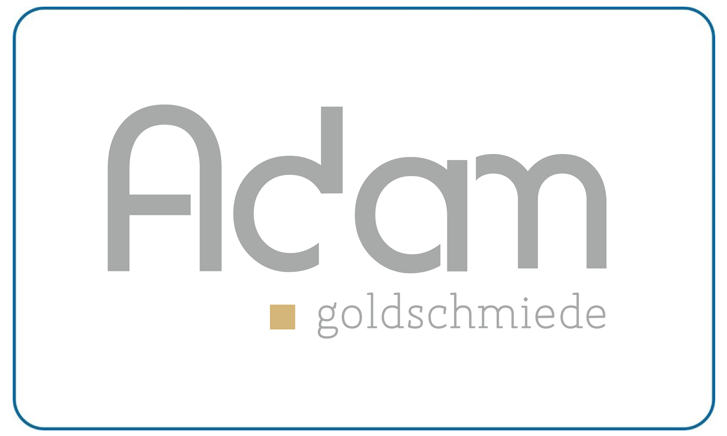 Graues Adam Logo mit goldenem Quadrat und Schriftzug goldschmiede auf weißem Hintergrund