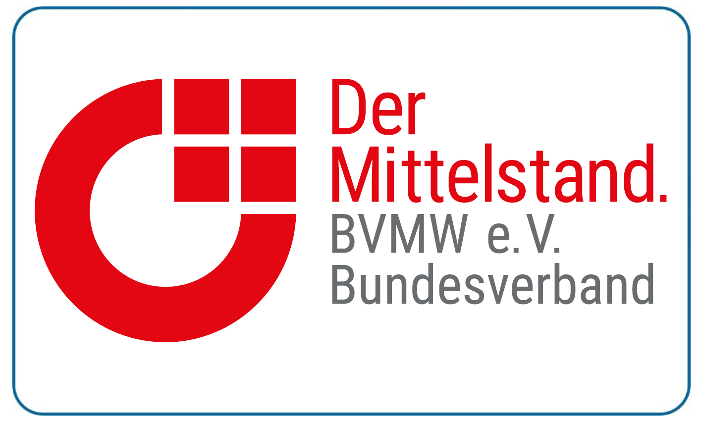 Das Logo des BVMW zeigt einen roten Kreis mit vier Quadraten und Text in Rot und Grau